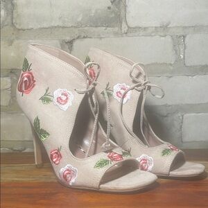Betsey Johnson Blush Embroidered Rose Lace-Up Peep Toe Heels